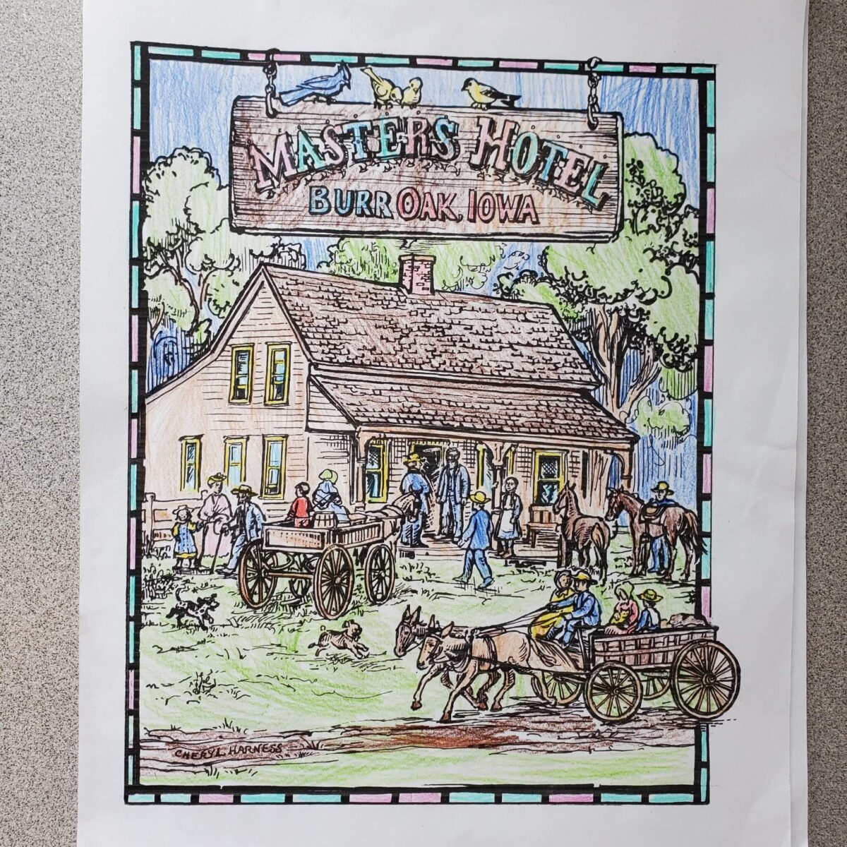 Coloring page of Master's Hotel in Burr Oak, Iowa, with people, horses, and wagons in front.
