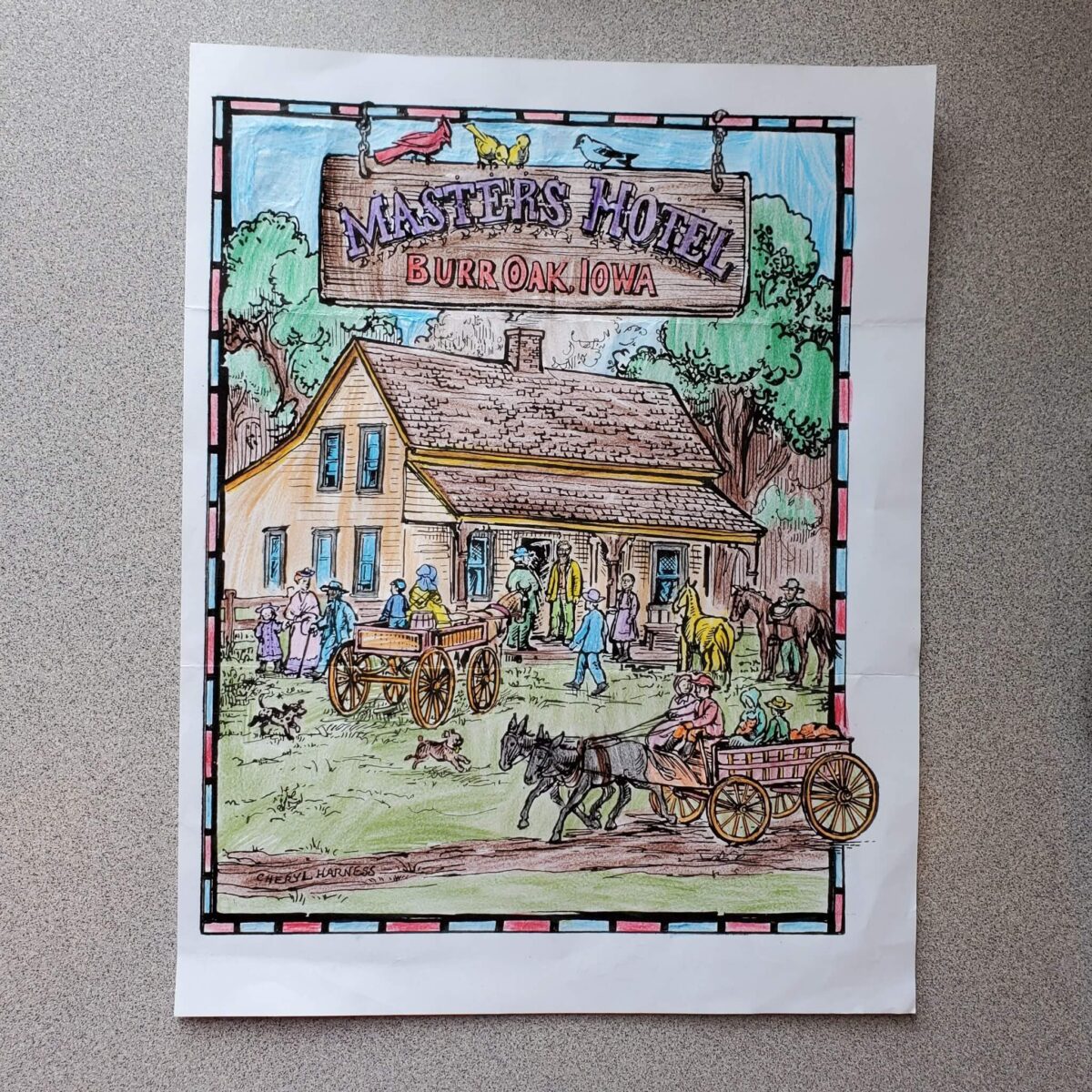 A colored drawing of Master's Hotel in Burr Oak, Iowa, with people, carts, and horses in front.