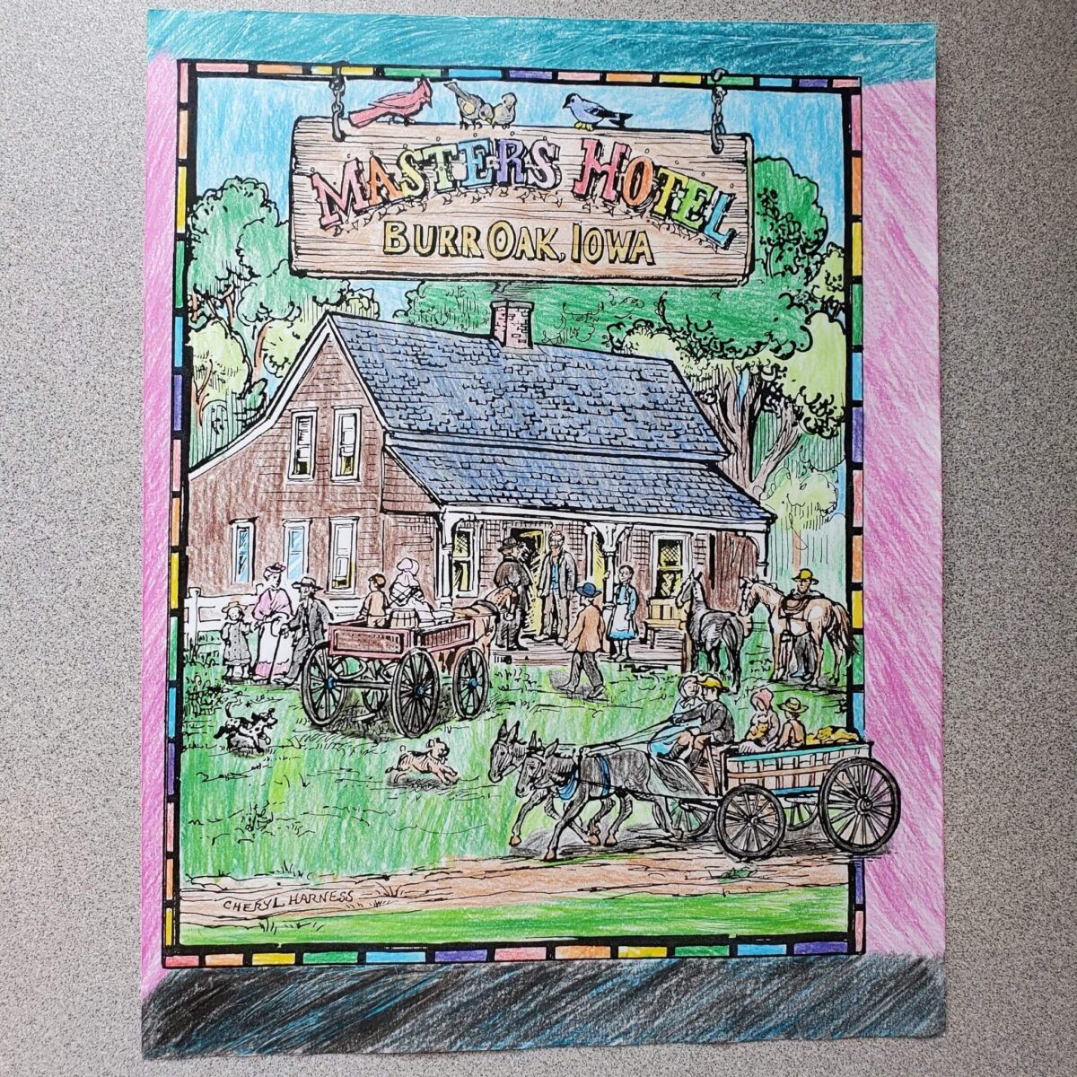 A colorful drawing of Master's Hotel in Burr Oak, Iowa, with people, horses, and wagons out front.