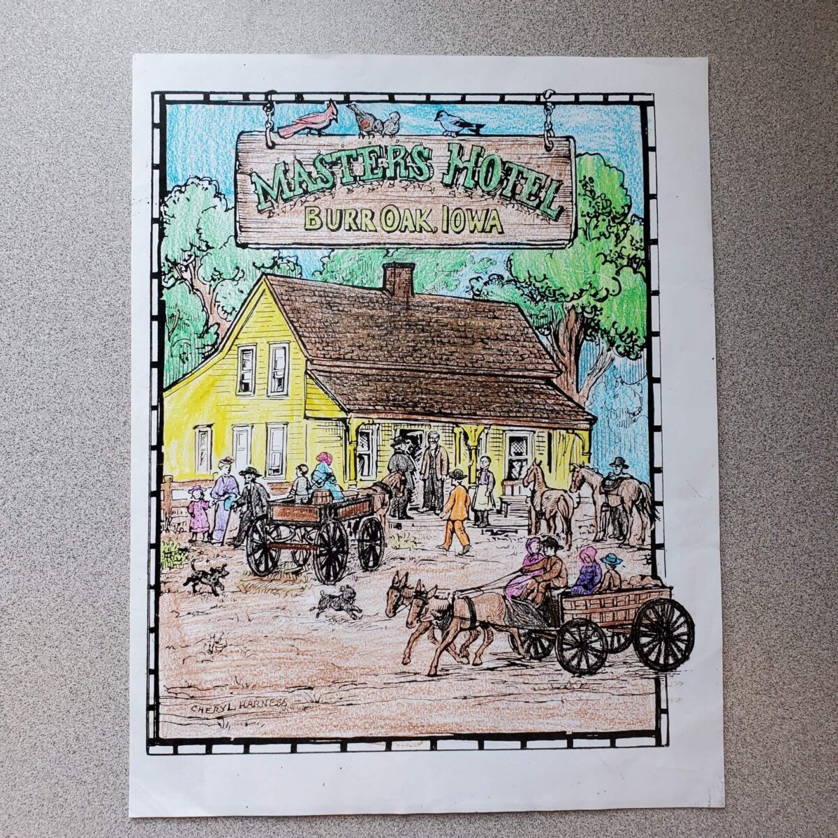 Coloring page of Masters Hotel, Burr Oak, Iowa, showing people, horses, and wagons outside a yellow building.
