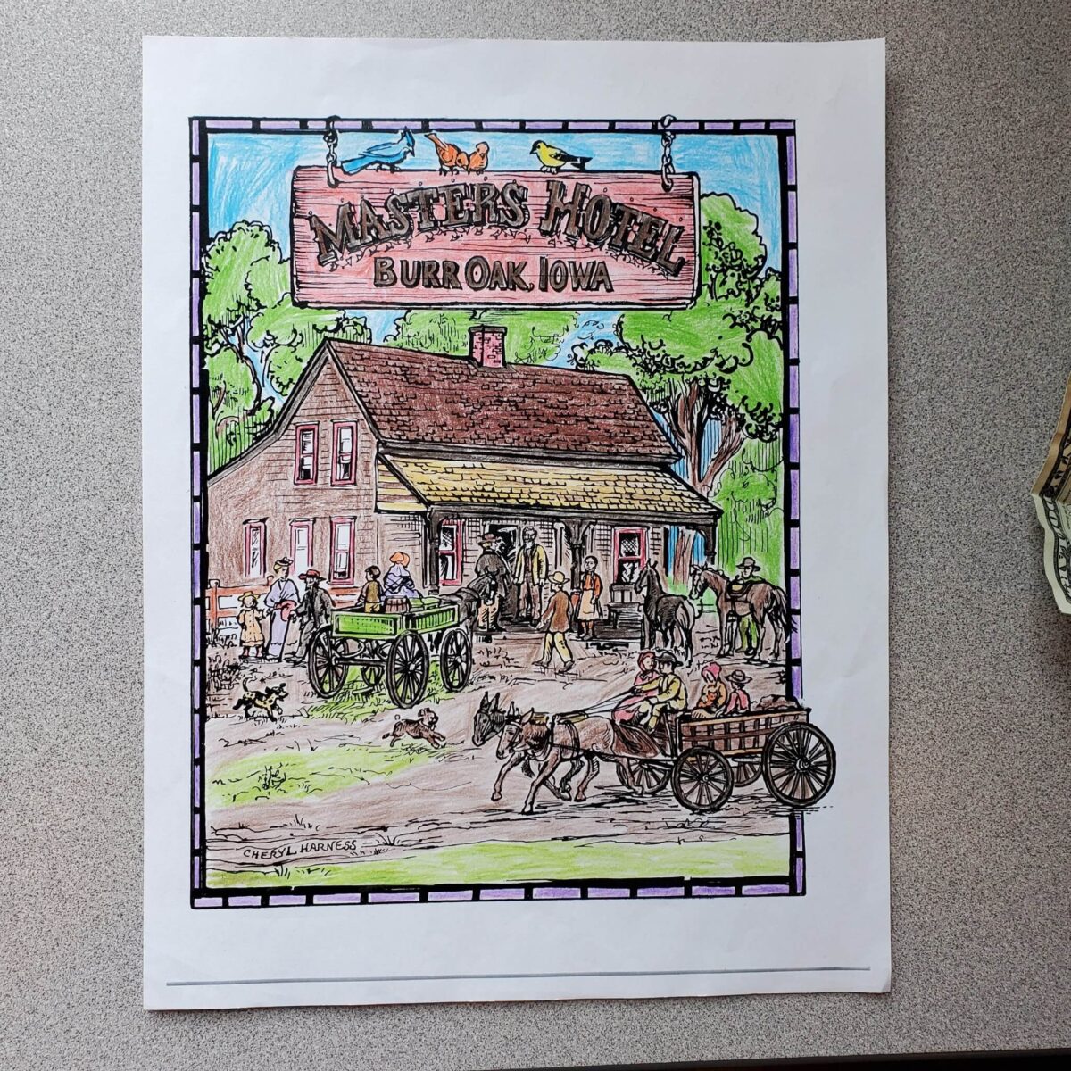 Coloring page of Masters Hotel in Burr Oak, Iowa, with people, horses, and carriages outside the building.