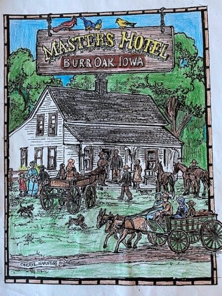 Illustration of Masters Hotel in Burr Oak, Iowa, with people, horses, and wagons gathered outside.