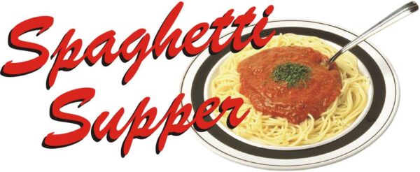 Plate of spaghetti with tomato sauce and a fork, with the words "Spaghetti Supper" in red script.