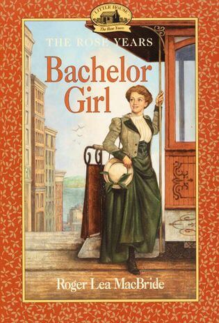 A woman in period clothing steps off a streetcar on the cover of Bachelor Girl.