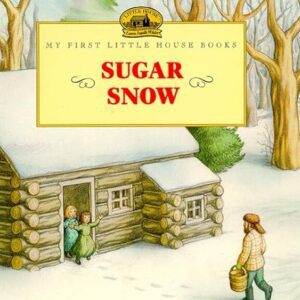 Two children wave from a log cabin door as a person walks toward them through the snowy forest in "Sugar Snow.