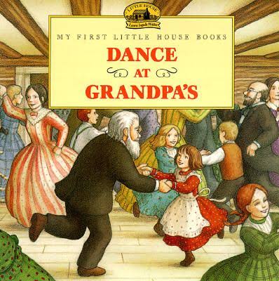 Illustration inspired by "Dance at Grandpa's": an elderly man dances indoors with a young girl in a red dress.
