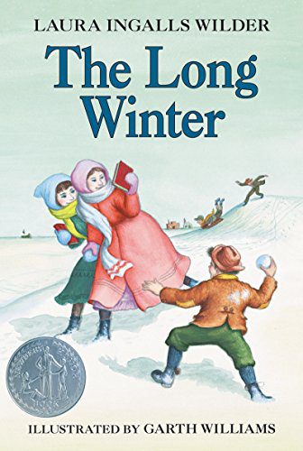 Two girls in winter clothes read "The Long Winter" on a snowy field while a boy plays nearby; others sled in the background.