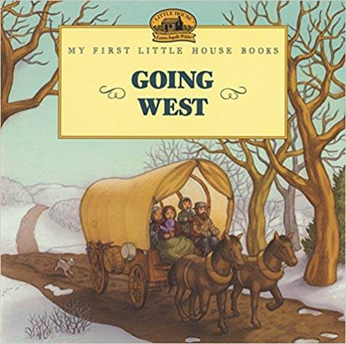 The product "Going West" features a covered wagon and family journeying through snow beneath bare trees, led by two horses.