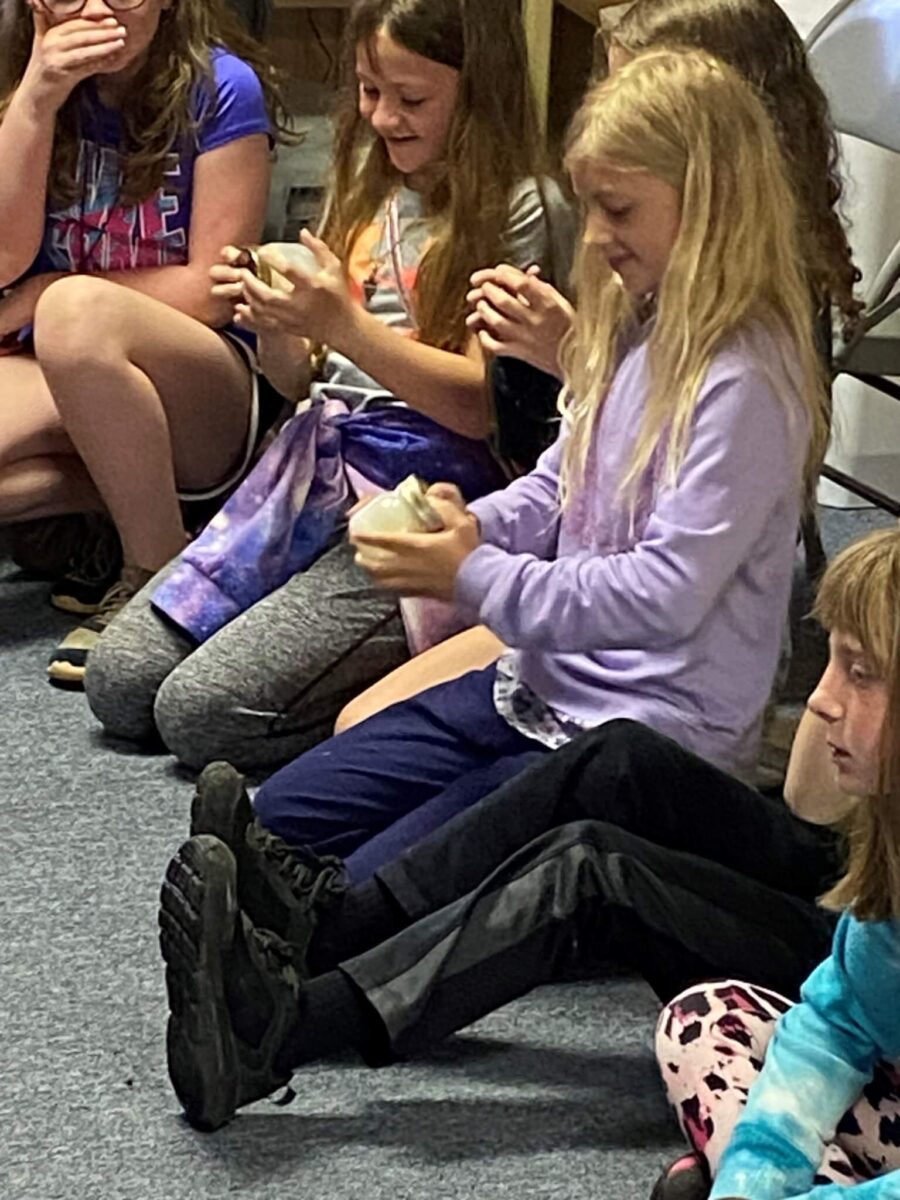 Several smiling children sit in a circle, holding and inspecting small chicks in their hands.