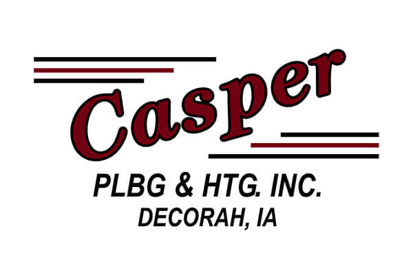 Logo for Casper PLBG & HTG. INC., Decorah, IA, with red and black lines and bold red "Casper" text.