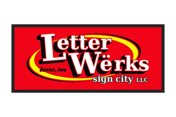 A red sign logo for Letter Werks Sign City LLC, Decorah, Iowa, with bold white and yellow text.