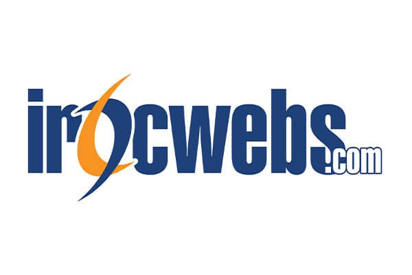 Logo of "irocwebs.com" with an orange and blue swoosh design integrated into the text.