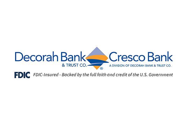 Decorah Bank & Trust Co. and Cresco Bank logos with FDIC insured statement and a blue-and-orange graphic.
