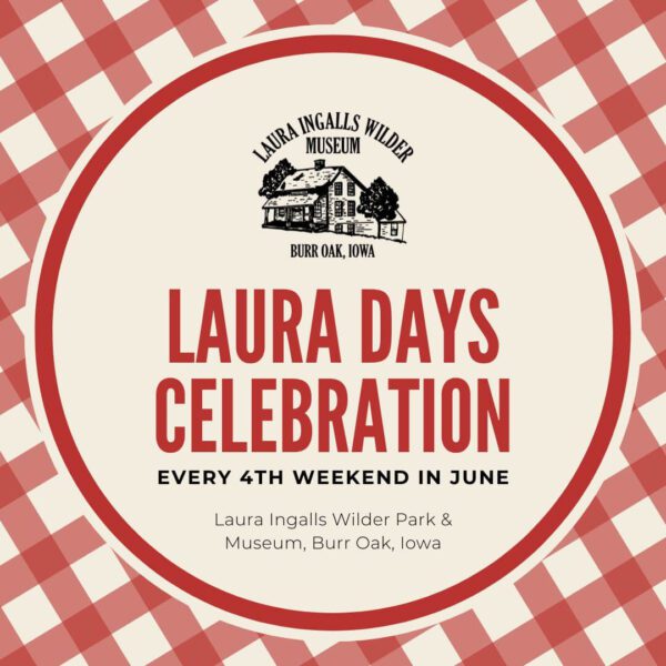 Red and white checkered flyer for Laura Days Celebration at Burr Oak, Iowa, held every 4th weekend in June.