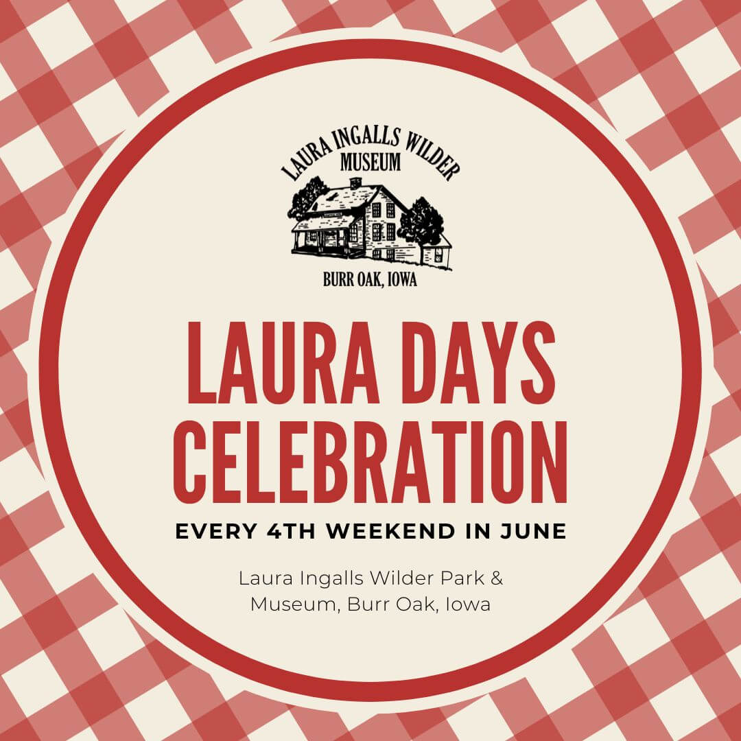 Red and white checkered flyer for Laura Days Celebration at Burr Oak, Iowa, held every 4th weekend in June.